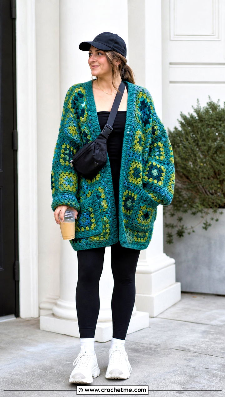 Oversized Granny Square Cardigan With Black Leggings - 20 boho granny square cardigan outfit ideas