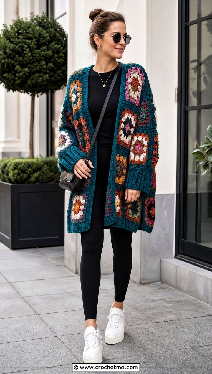 Oversized Granny Square Cardigan With Black Leggings - 30 granny squares cardigan outfit ideas