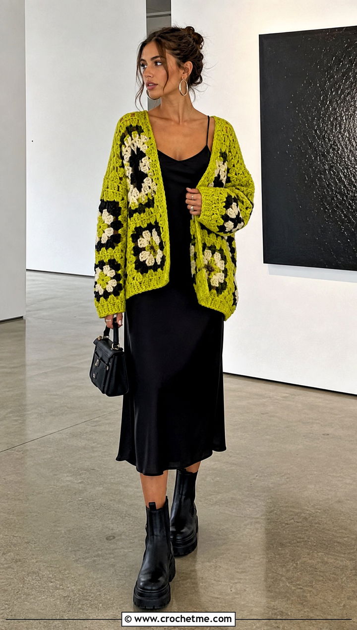 Oversized Granny Square Cardigan With Black Slip Dress - 15 originally lovely granny square cardigan outfit ideas