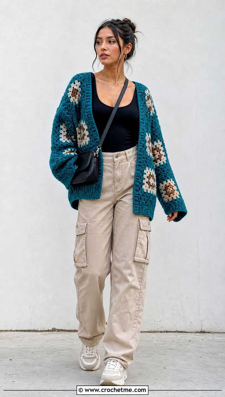Oversized Granny Square Cardigan With Cargo Pants - 15 Womens Granny Square Cardigan outfit ideas