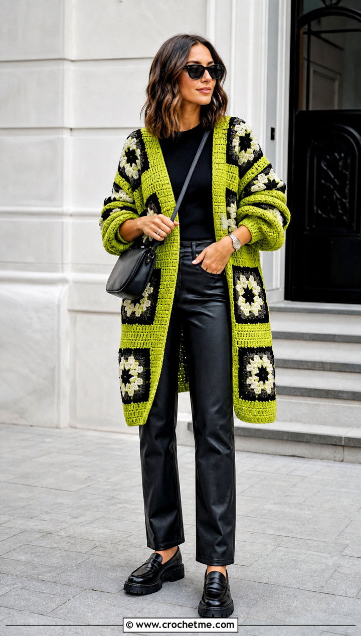Oversized Granny Square Cardigan With Leather Pants - 30 granny squares clothes and outfit ideas