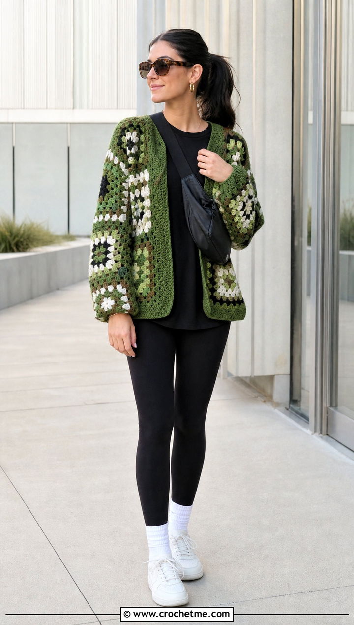 Oversized Granny Square Cardigan With Leggings - 20 Crochet Fall Granny Square Cardigan outfit ideas