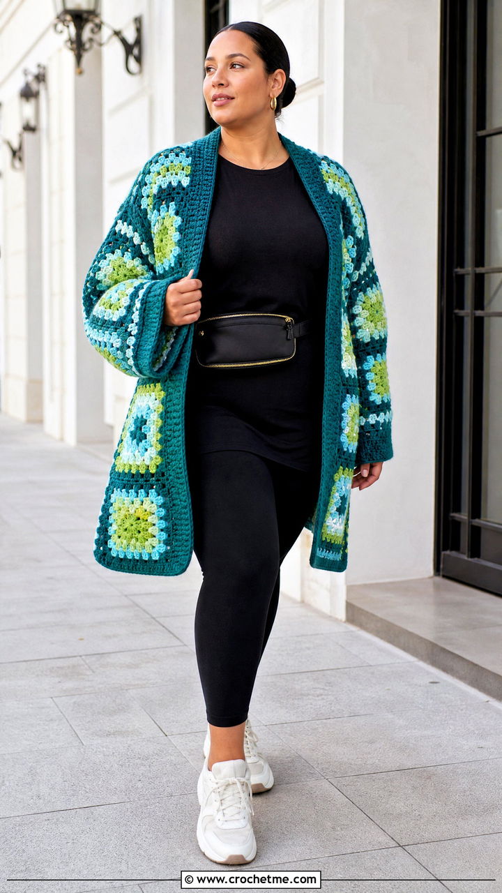 Oversized Granny Square Cardigan With Leggings And Sneakers - 35 crochet granny square cardigan outfit ideas
