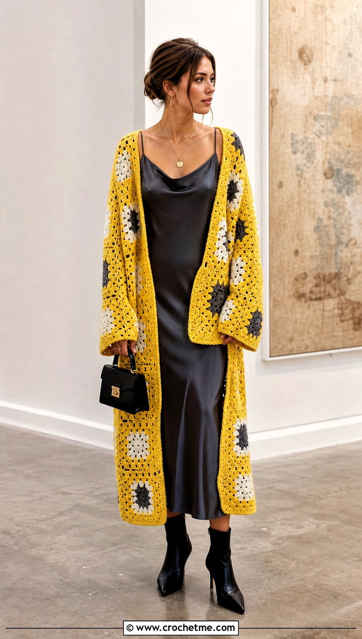 Oversized Granny Square Cardigan With Slip Dress - 25 For Granny Square Cardigan outfit ideas