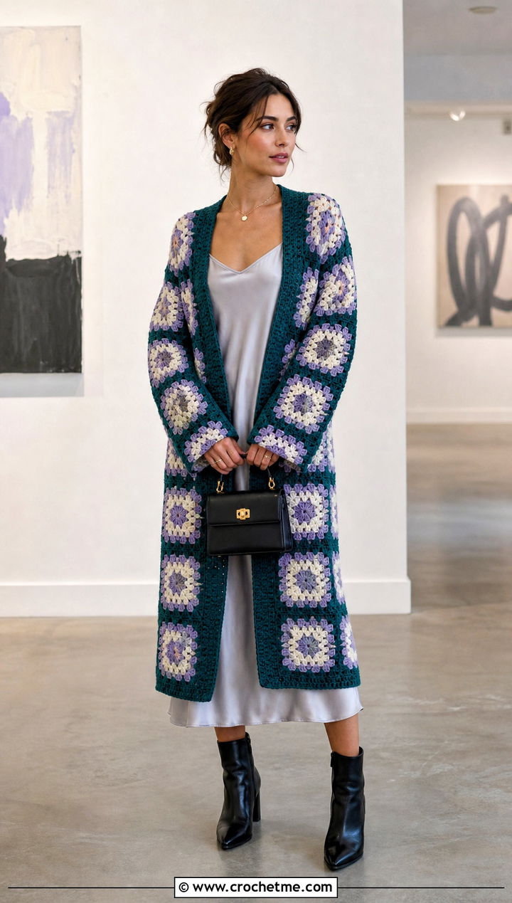 Oversized Granny Square Cardigan With Slip Dress - 30 cardigan with granny square outfit ideas