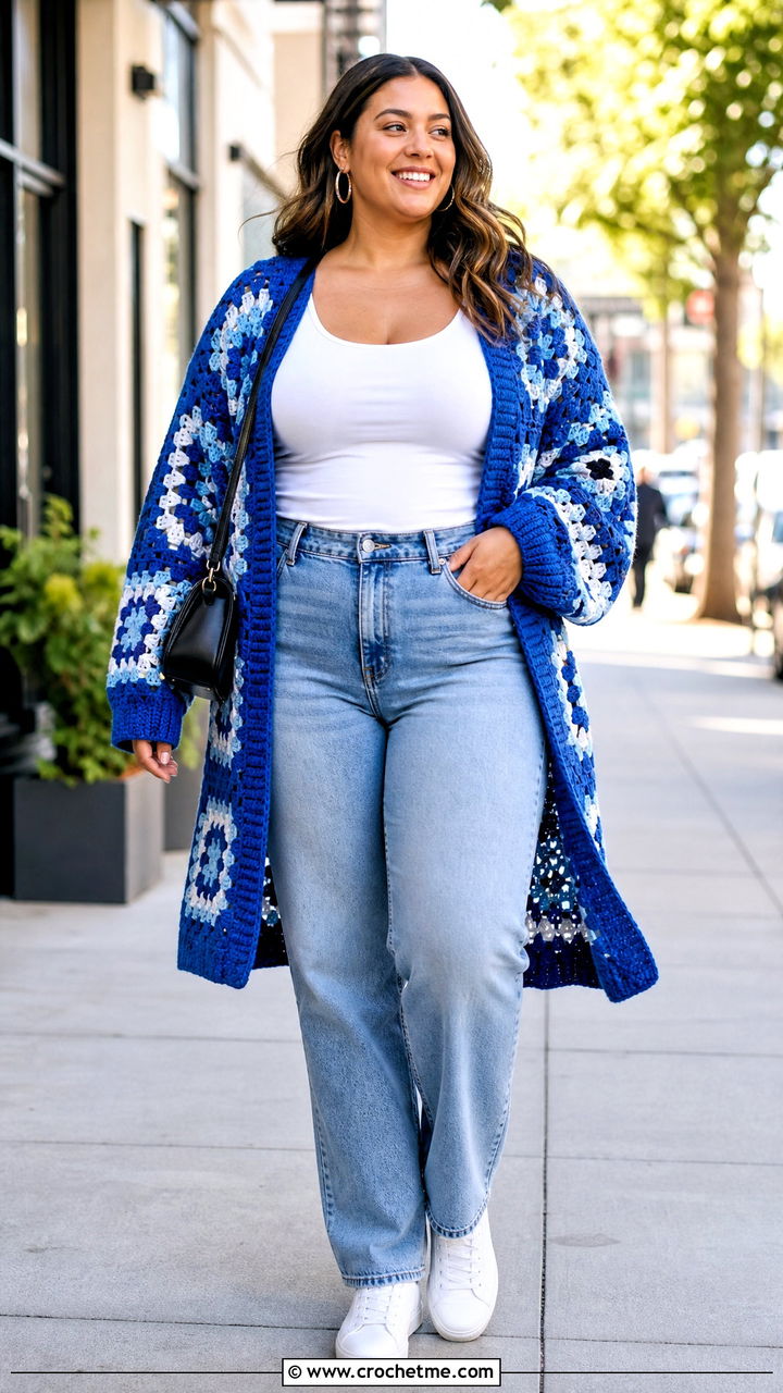 Oversized Granny Square Cardigan With Straight Leg Jeans - 35 granny square clothes and outfit ideas