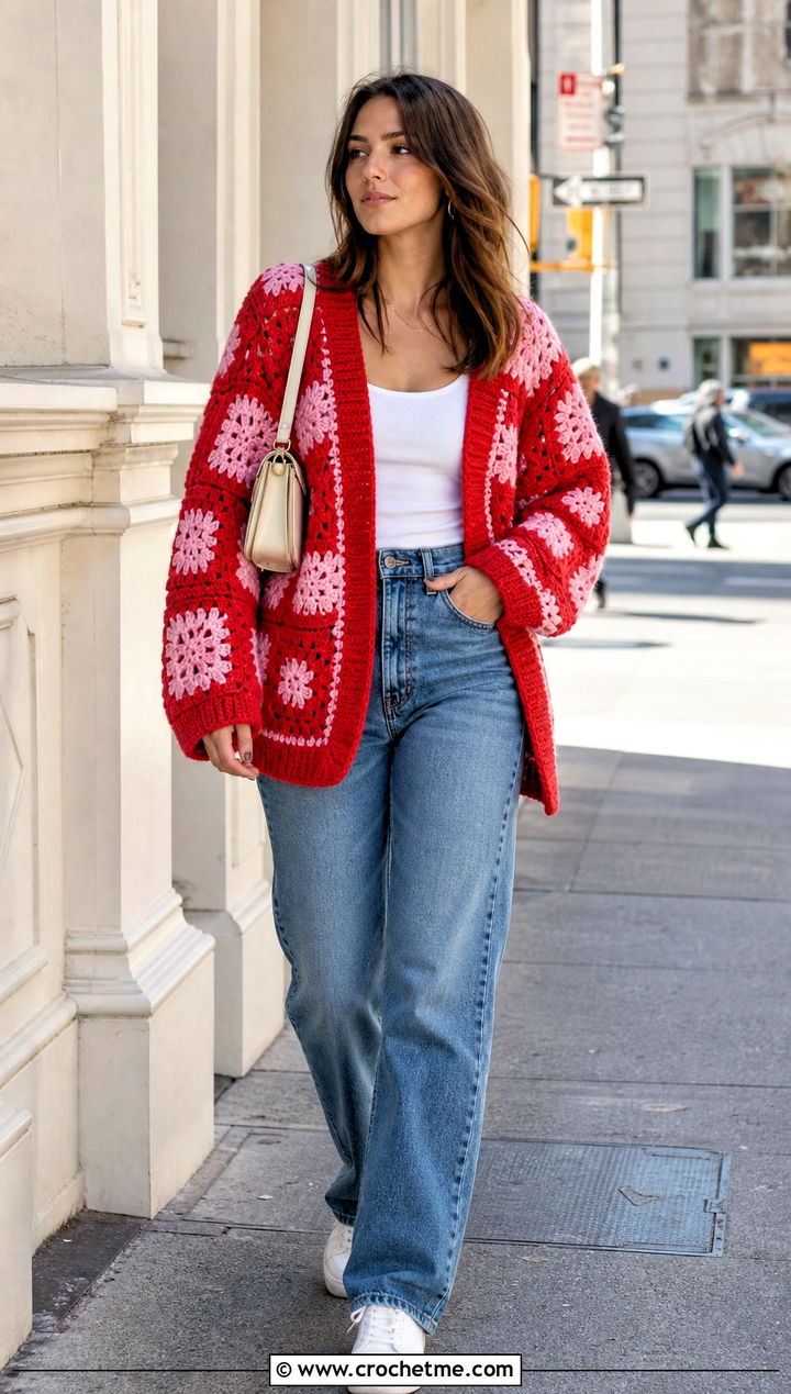 Oversized Granny Square Cardigan With Straight Leg Jeans - 25 crochet block cardigan outfit ideas