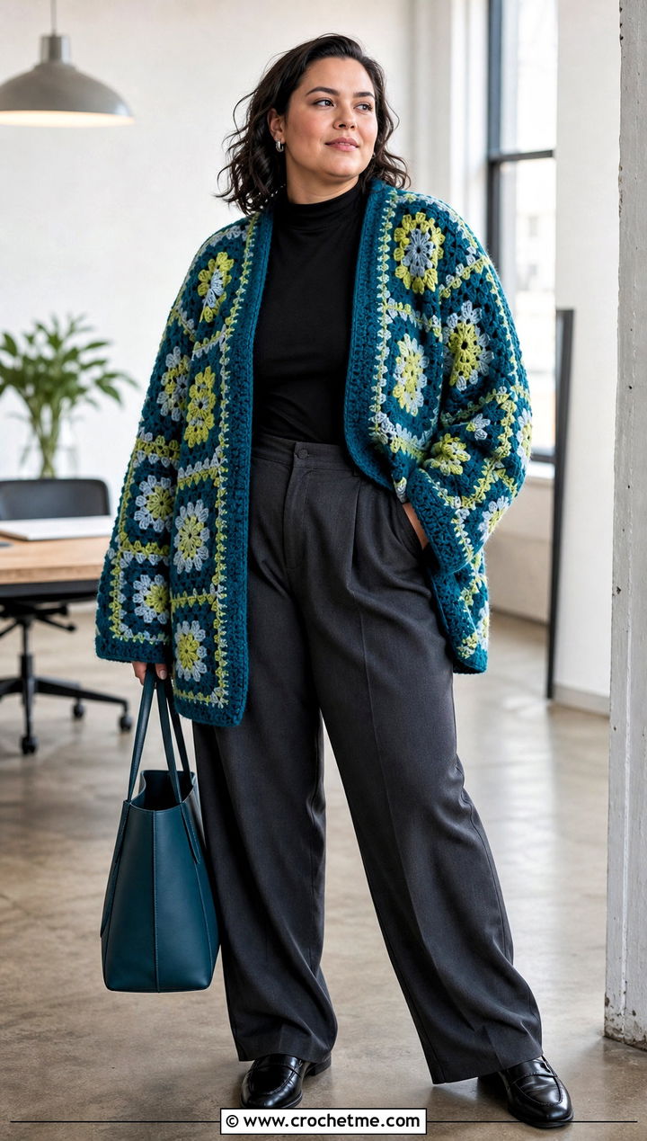 Oversized Granny Square Cardigan With Tailored Trousers - 30 plus size crochet granny square cardigan outfit ideas