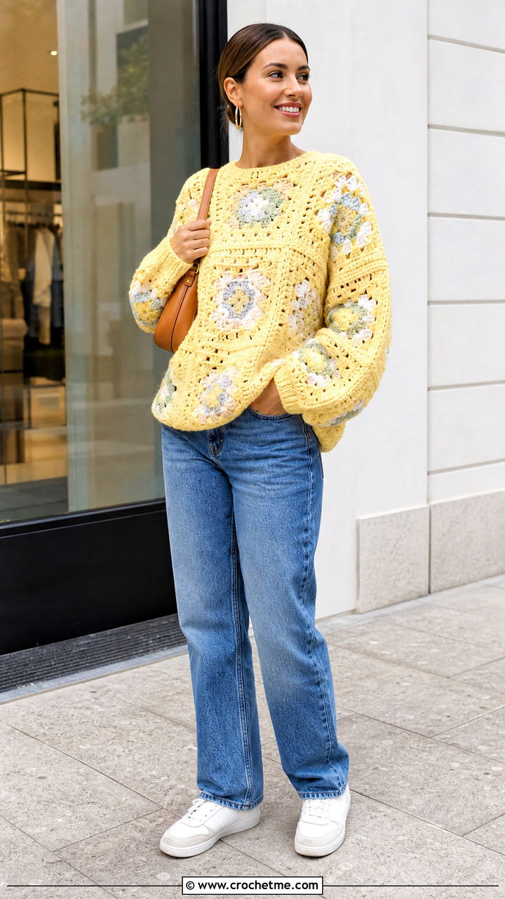 Oversized Granny Square Chunky Crochet Jumper With Straight Leg Jeans - 35 chunky crochet jumper outfit ideas