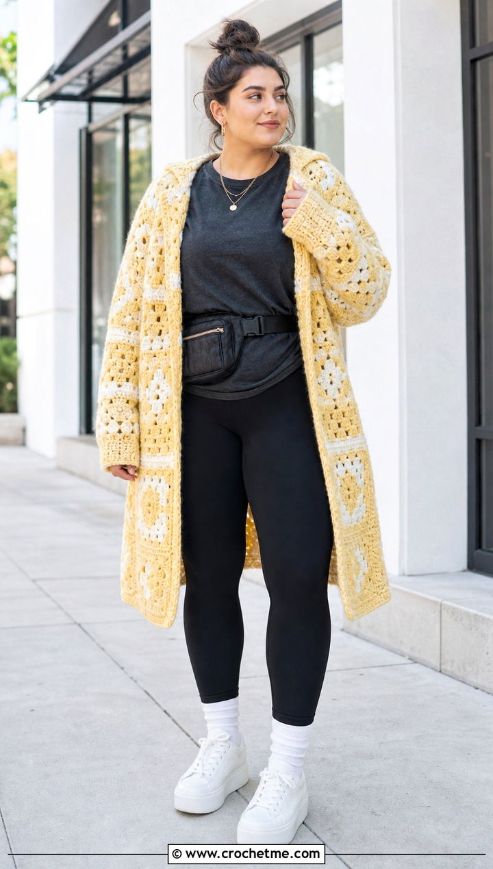 Oversized Granny Square Coat With Black Leggings - 30 granny square coat outfit ideas
