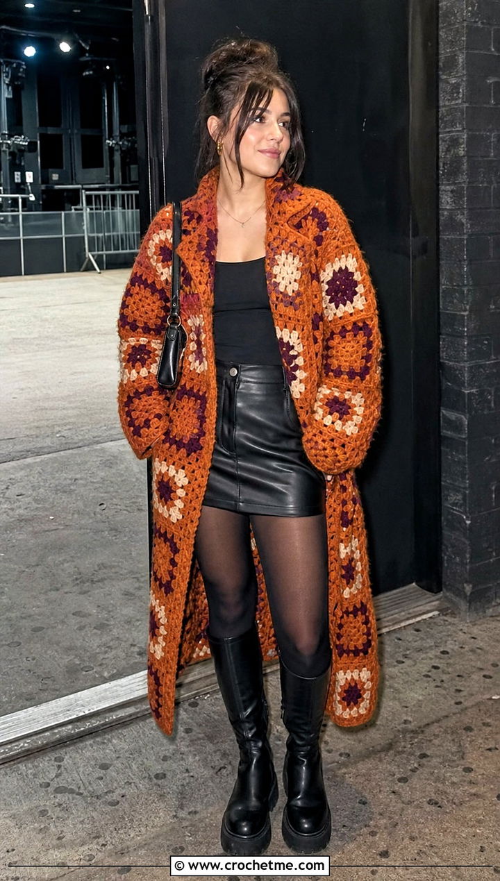 Oversized Granny Square Coat With Mini Skirt And Boots - 30 crochet granny square coat outfit ideas