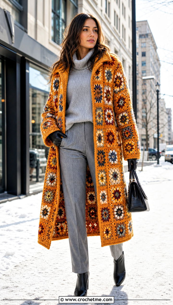Oversized Granny Square Coat With Monochrome Knit Outfit - 35 Granny Square Outfit ideas