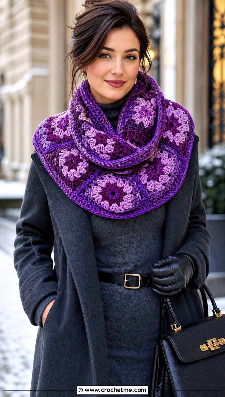 Oversized Granny Square Cowl With Sweater Dress - 25 Granny Square Cowl outfit ideas