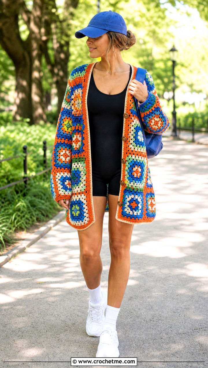 Oversized Granny Square Crochet Button Down Cardigan With Bike Shorts - 25 crochet button down cardigan outfit ideas