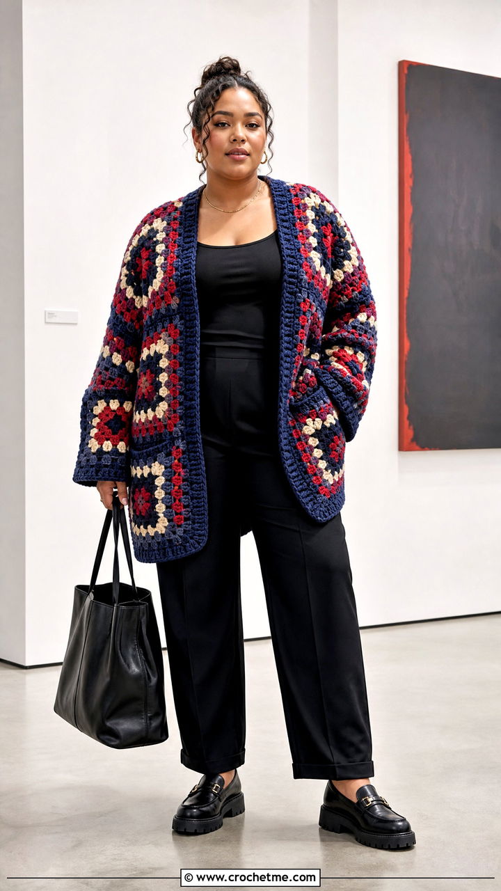 Oversized Granny Square Crochet Cardigan With Pockets And Black Trousers - 35 crochet cardigan with pockets outfit ideas
