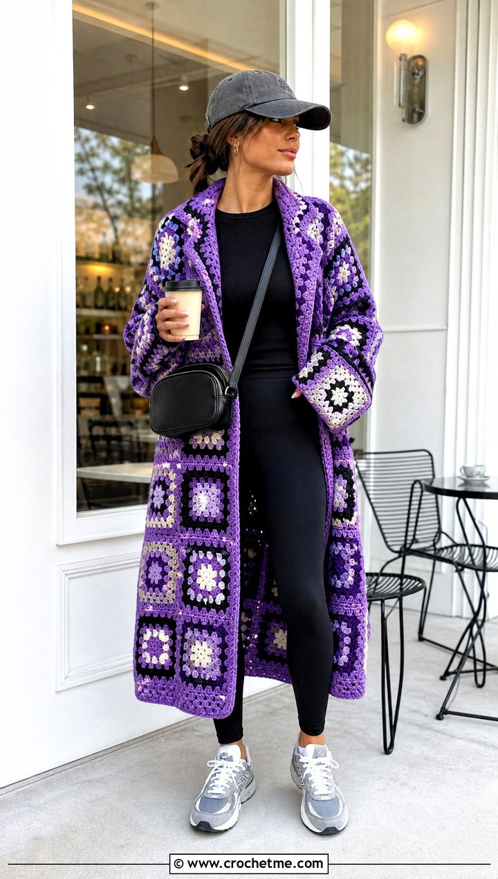 Oversized Granny Square Crochet Coat With Leggings - 25 Granny Square Crochet Coat outfit ideas
