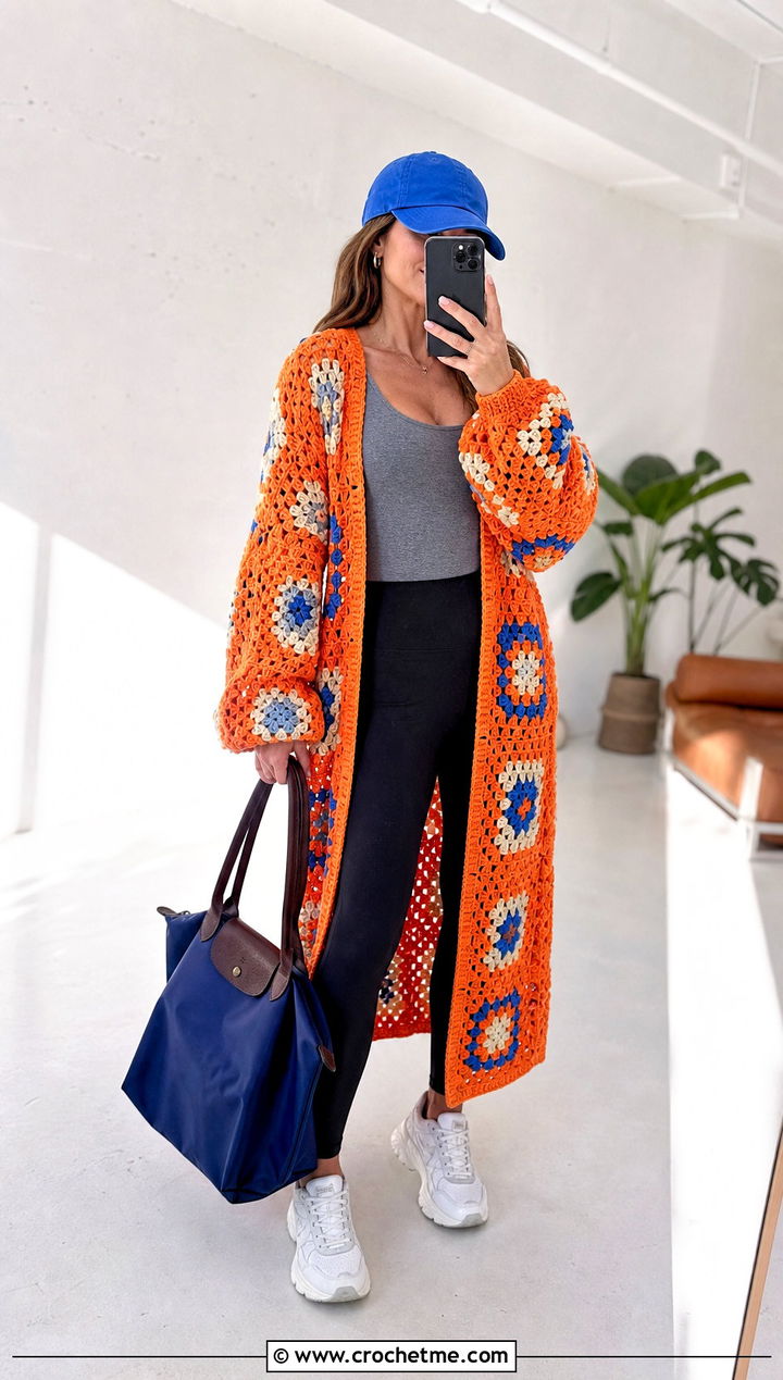 Oversized Granny Square Crochet Duster With Leggings - 15 Granny Square Crochet Duster outfit ideas