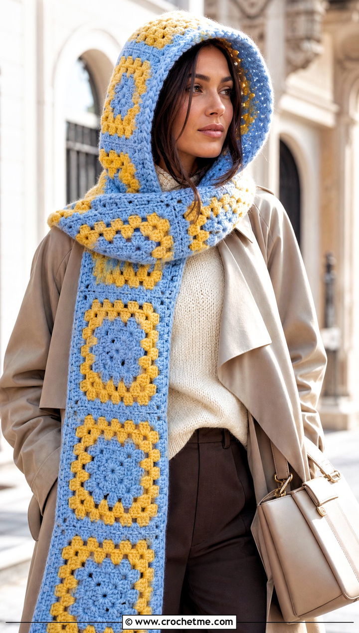 Oversized Granny Square Crochet Hooded Scarf With Trench Coat - 30 Granny Square Crochet Hooded Scarf outfit ideas