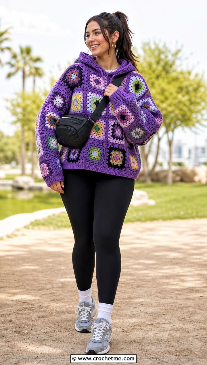 Oversized Granny Square Crochet Hooded Sweater With Leggings - 30 crochet hooded sweater outfit ideas
