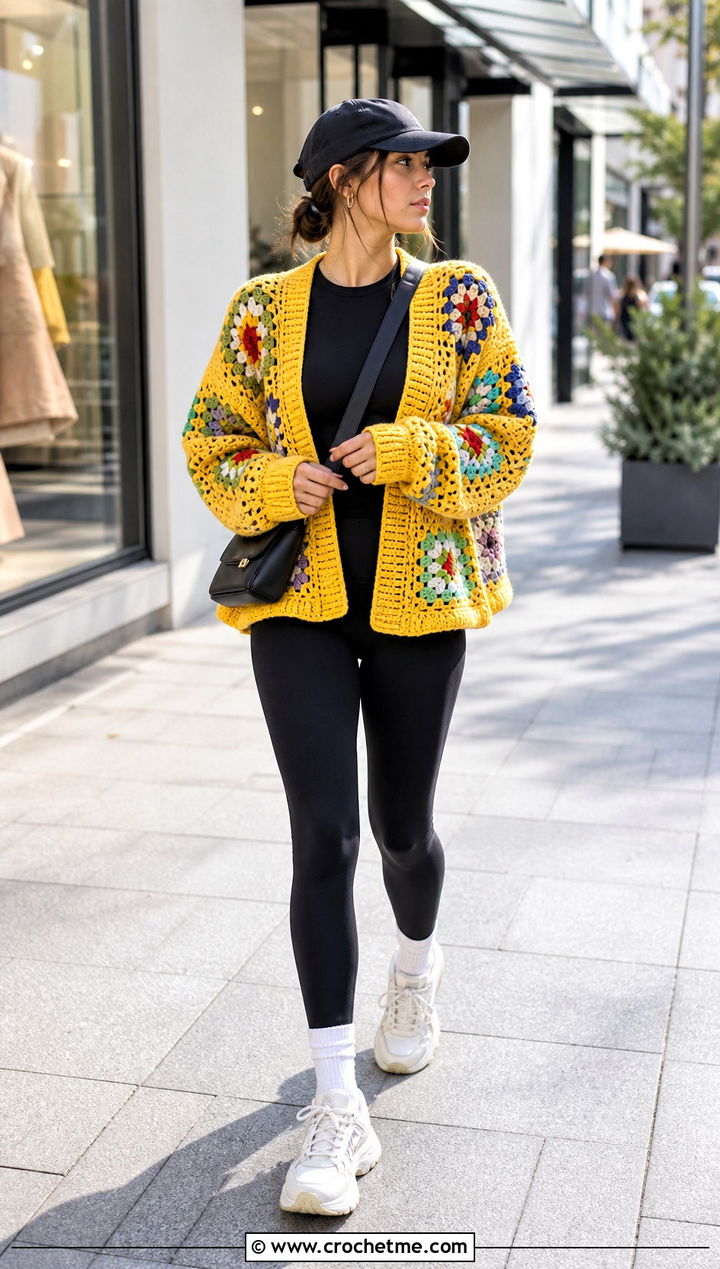 Oversized Granny Square Crochet Jacket With Black Leggings - 15 Granny Square Crochet Coats & Jackets outfit ideas