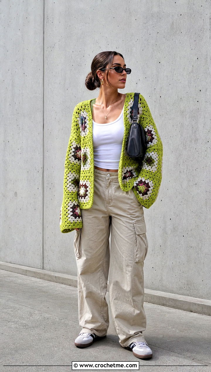 Oversized Granny Square Crochet Long Sleeve Top With Cargo Pants - 25 Granny Square Crochet Long Sleeve Top outfit ideas