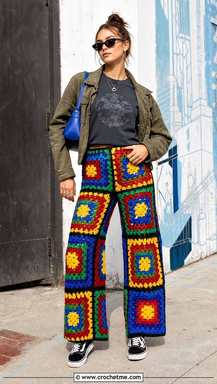 Oversized Granny Square Crochet Pants With Graphic T Shirt - 25 Granny Square Crochet Pants outfit ideas