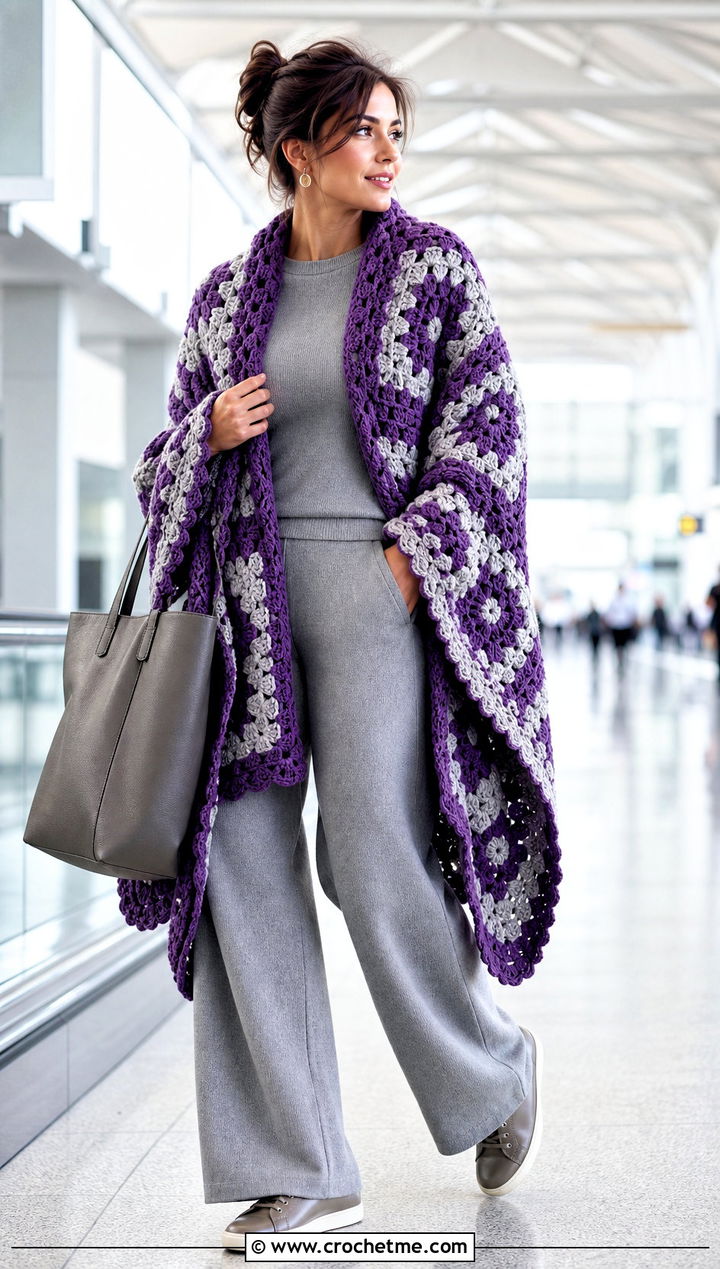 Oversized Granny Square Crochet Shawl With Matching Knit Set - 25 Square Crochet Shawl outfit ideas