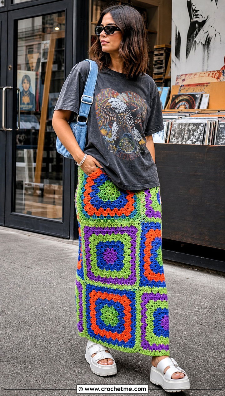 Oversized Granny Square Crochet Skirt With Graphic T Shirt - 30 crochet patchwork skirt outfit ideas
