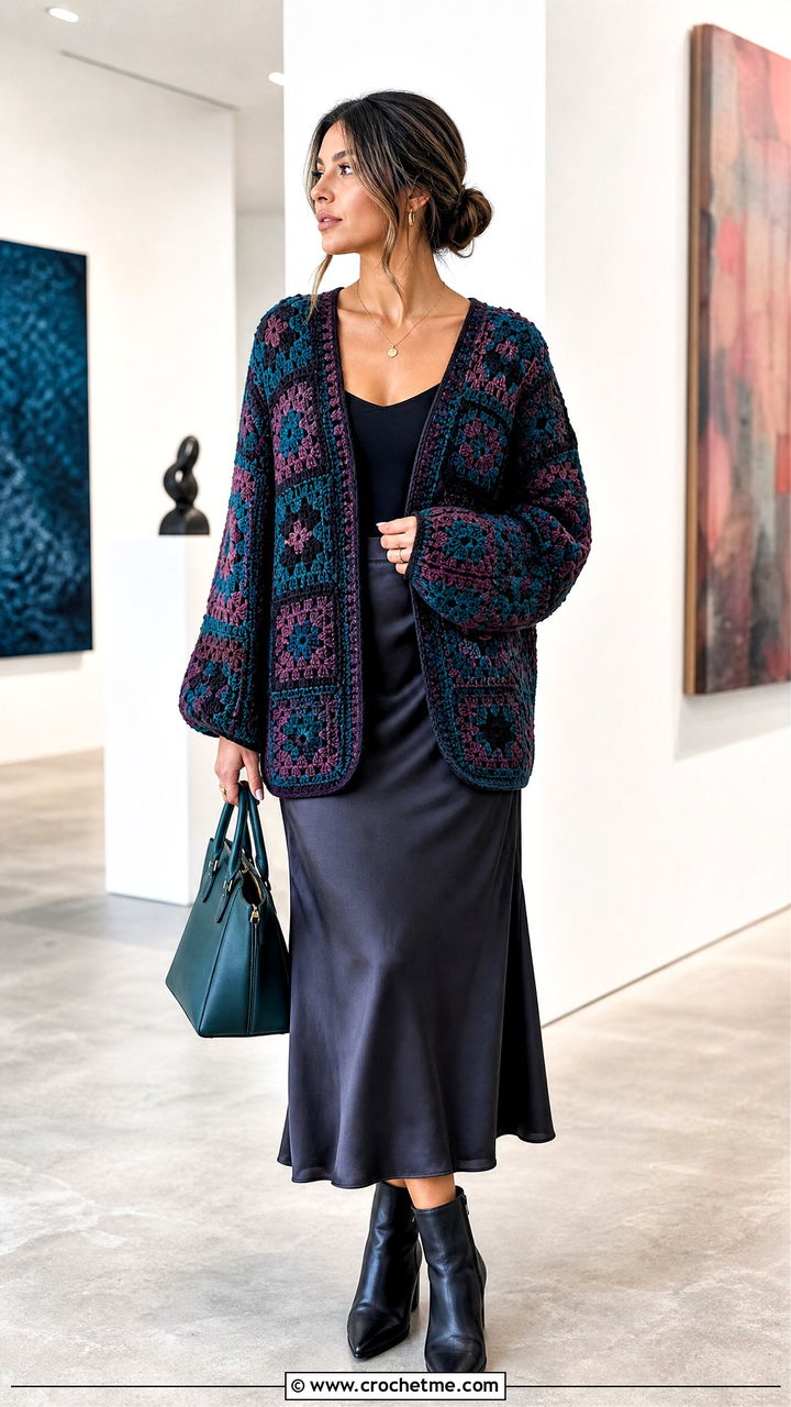 Oversized Granny Square Crochet Sweater With Satin Slip Skirt - 35 granny square crochet sweater outfit ideas