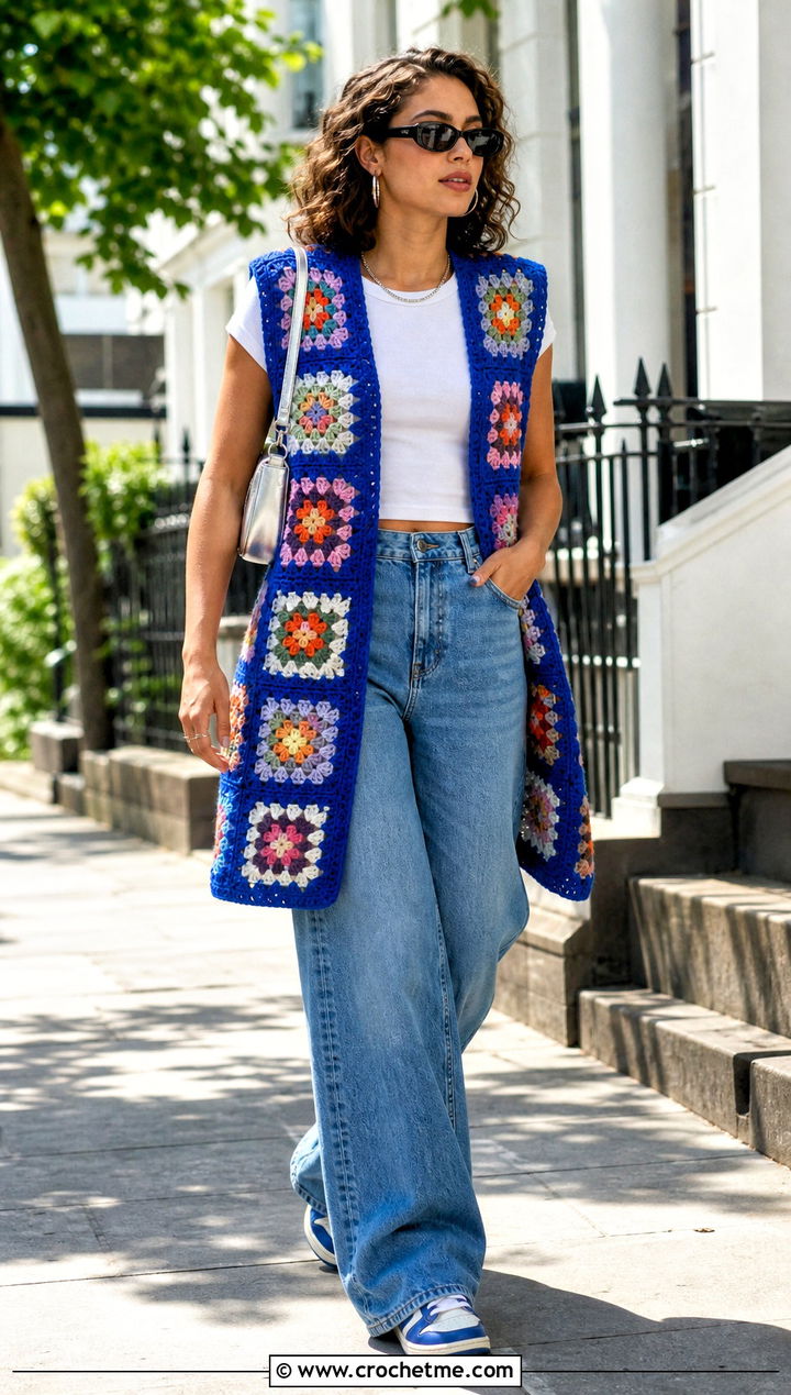 Oversized Granny Square Crochet Vest With Wide Leg Jeans - 30 oversize crochet vest outfit ideas