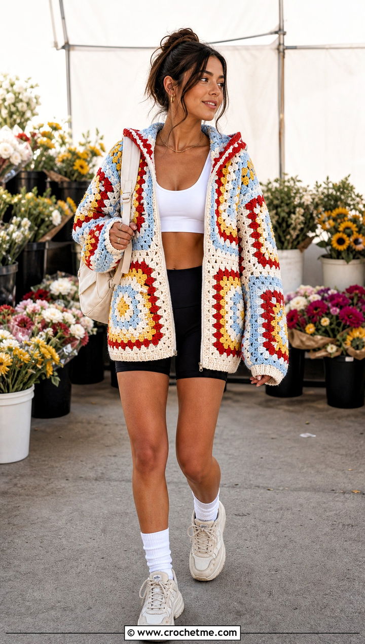 Oversized Granny Square Crochet Zip Up Hoodie With Bike Shorts - 30 crochet zip up hoodie outfit ideas