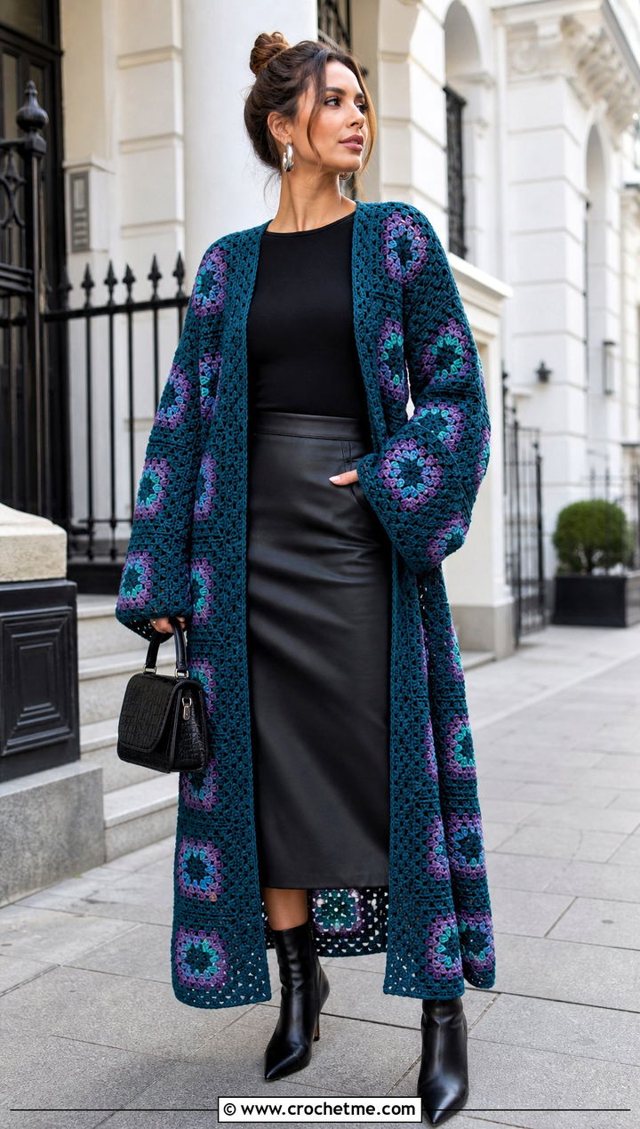 Oversized Granny Square Duster With Leather Skirt - 35 granny square duster outfit ideas
