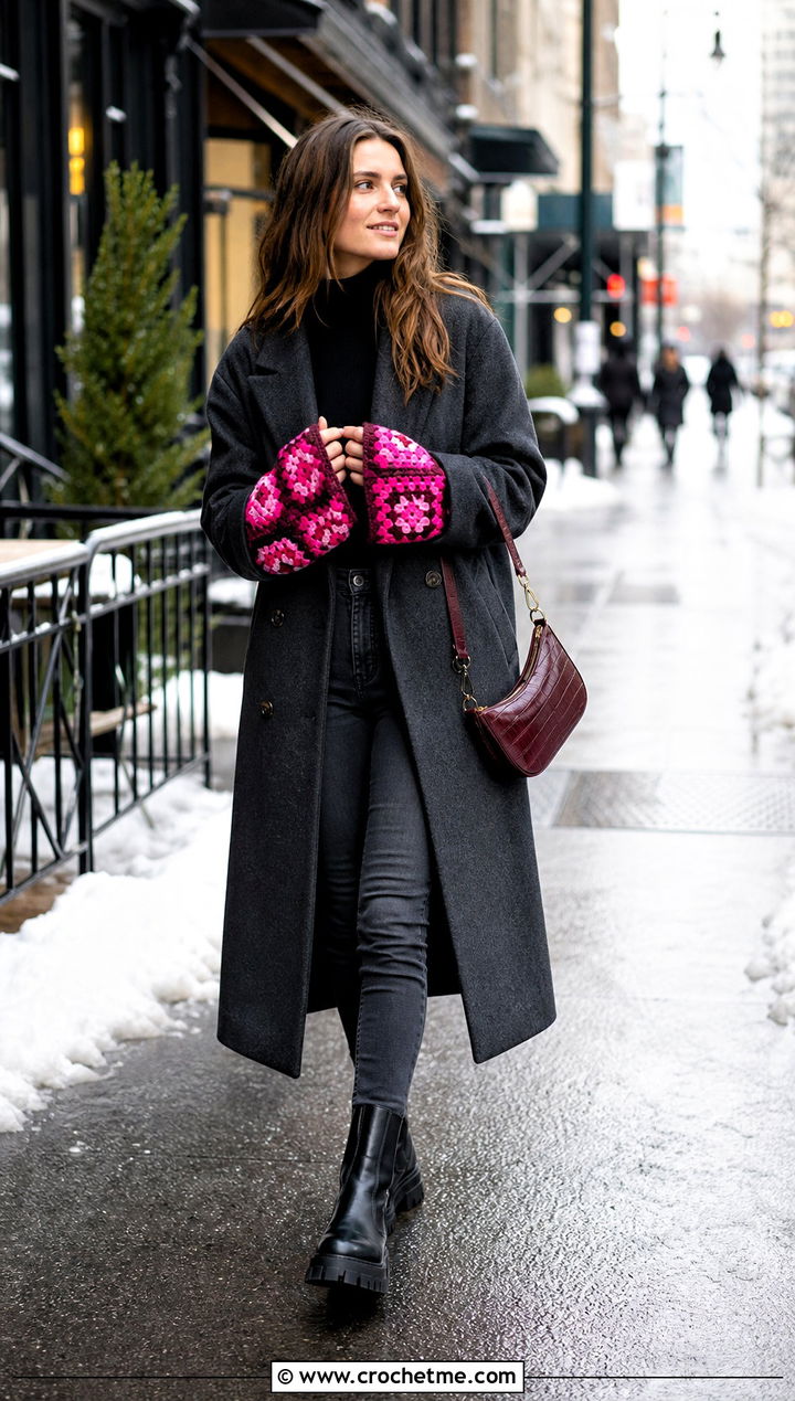 Oversized Granny Square Fingerless Gloves With Oversized Coat - 35 granny square fingerless gloves outfit ideas