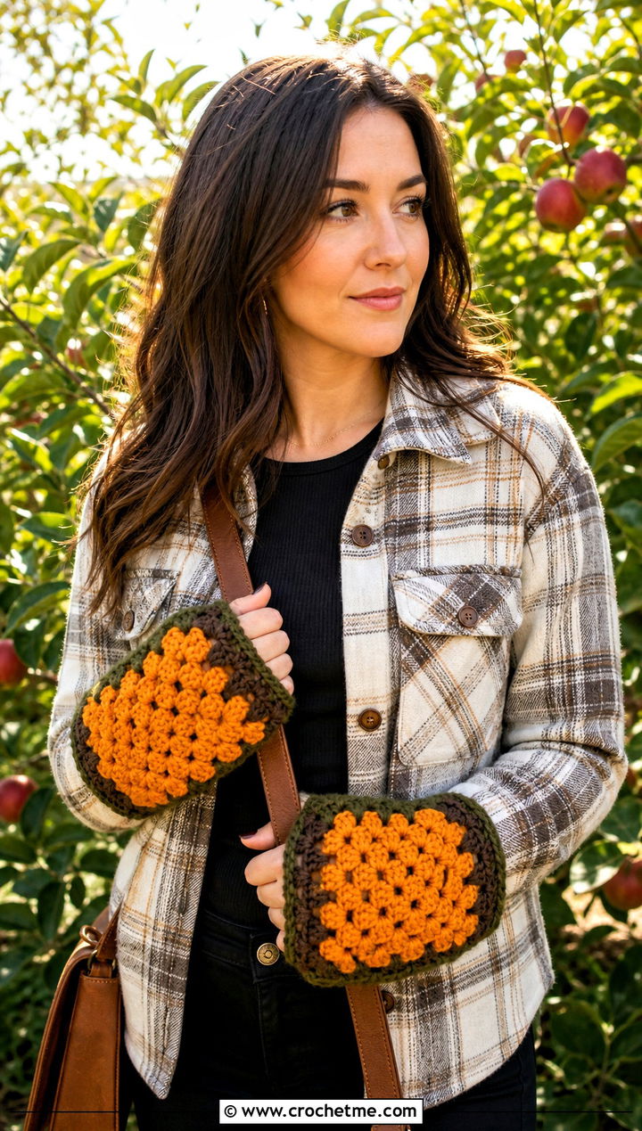 Oversized Granny Square Fingerless Gloves With Plaid Shacket - 30 crochet granny square fingerless gloves outfit ideas