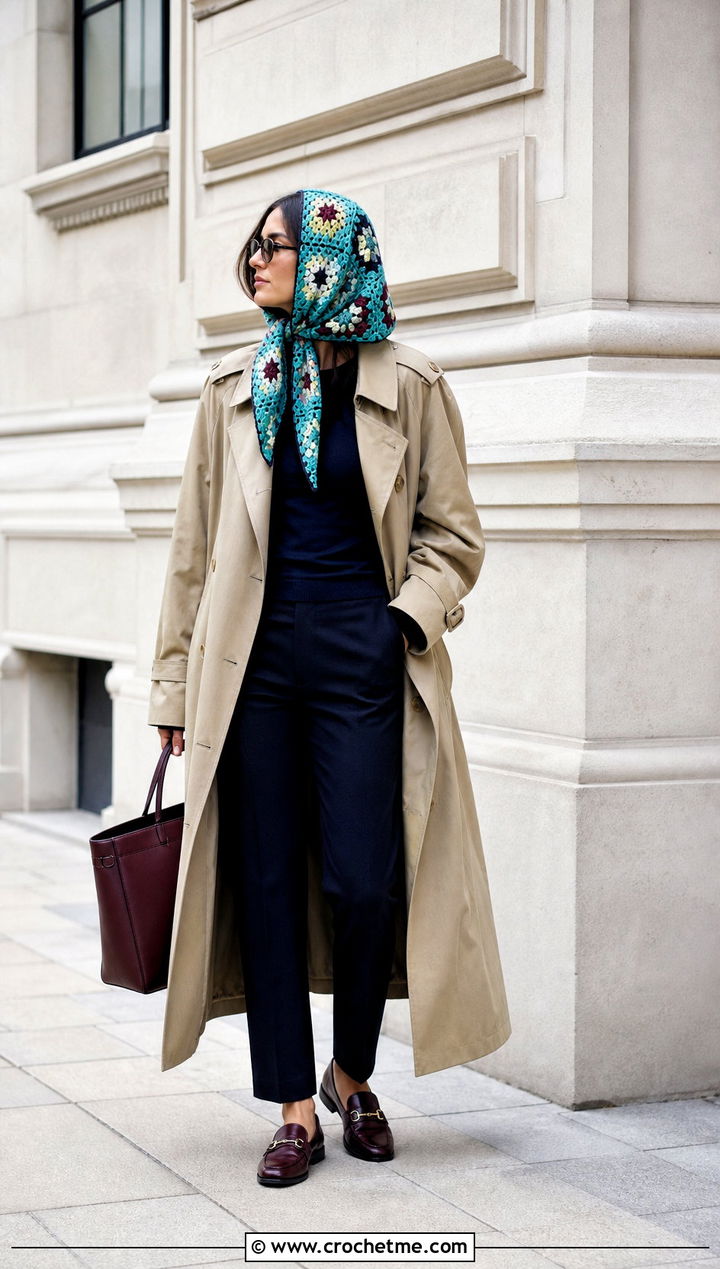 Oversized Granny Square Head Scarf With Trench Coat And Loafers - 35 granny square head scarf outfit ideas