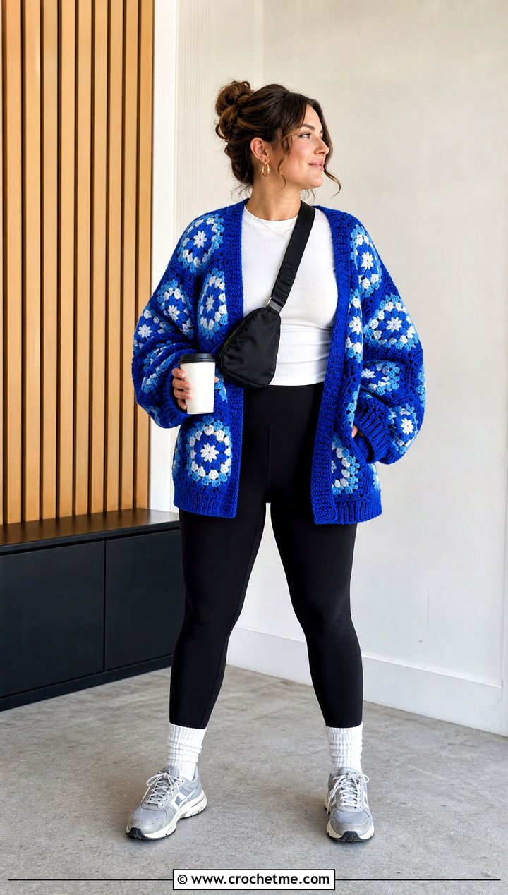 Oversized Granny Square Hexagon Cardigan With Leggings - 35 granny square hexagon cardigan outfit ideas