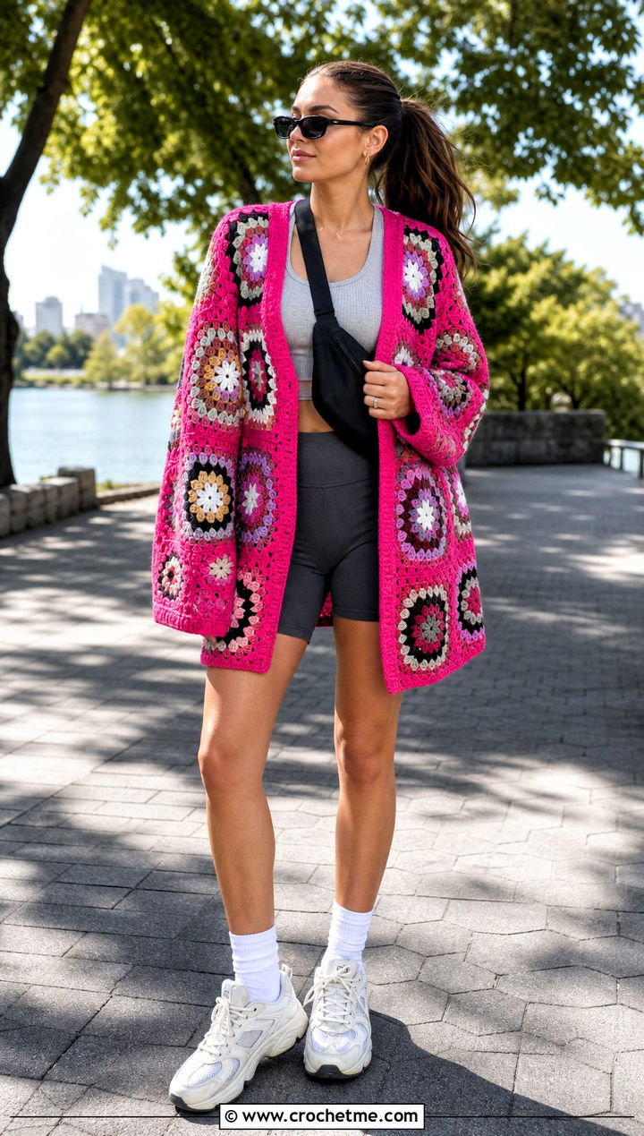 Oversized Granny Square Hexagon Crochet Cardigan With Bike Shorts - 20 Hexagon Crochet Cardigan With Granny Squares outfit ideas
