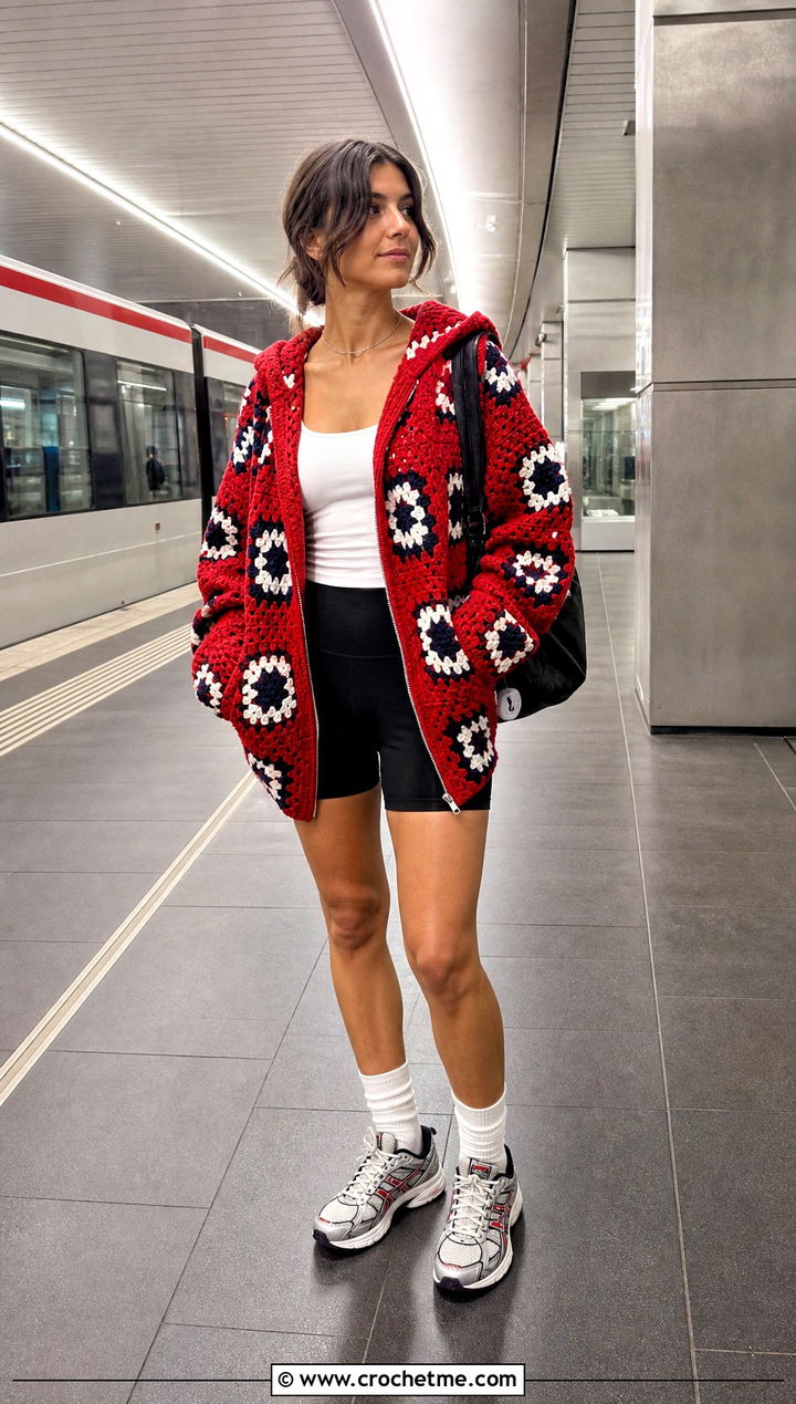 Oversized Granny Square Hooded Jacket With Bike Shorts - 25 Granny Square Hooded Jacket outfit ideas