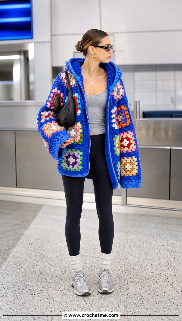 Oversized Granny Square Hooded Jacket With Black Leggings - 25 Granny Square Hooded Jacket outfit ideas