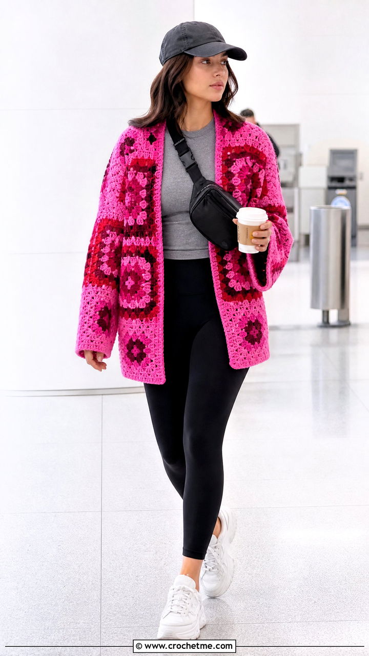 Oversized Granny Square Jacket With Black Leggings - 35 granny square jacket outfit ideas