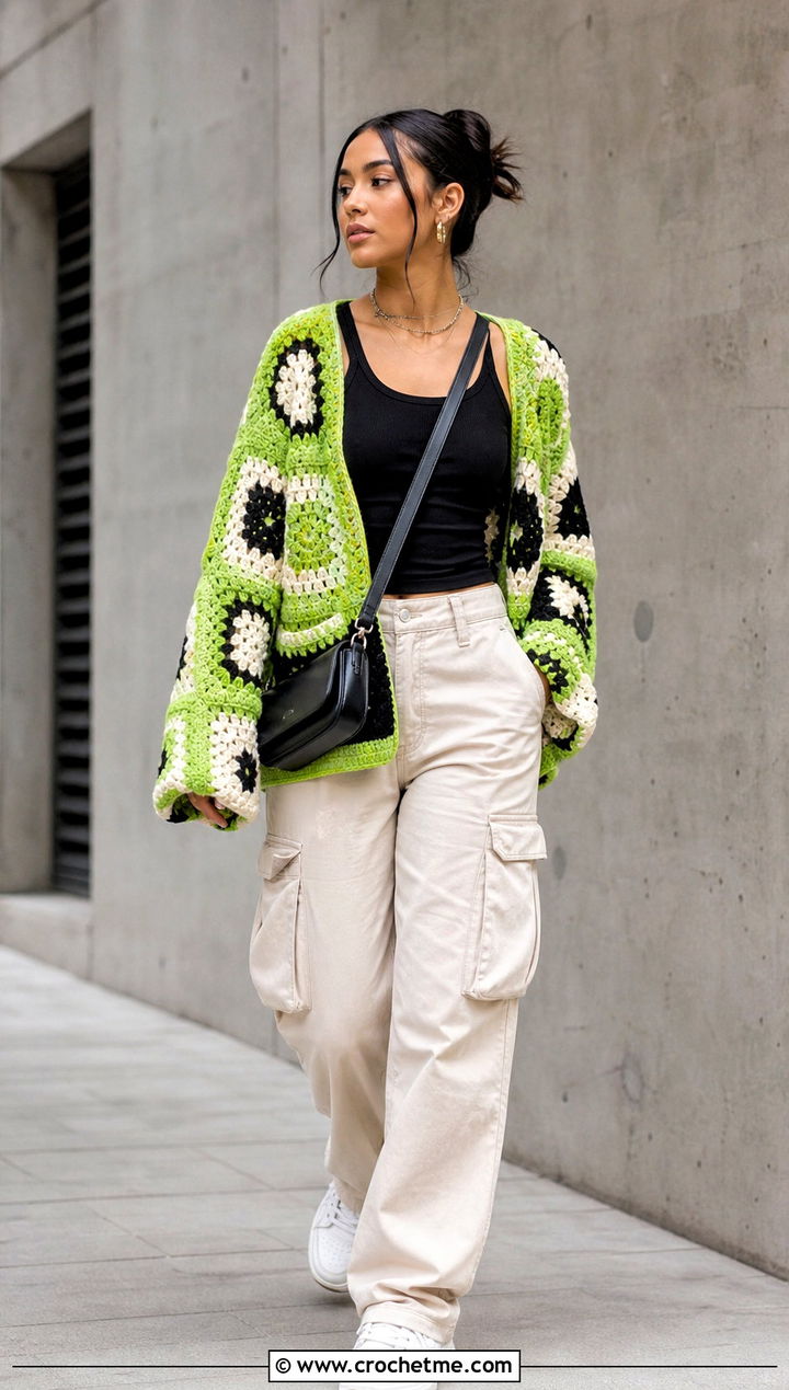 Oversized Granny Square Jacket With Cargo Pants - 30 crochet granny square clothing and outfit ideas