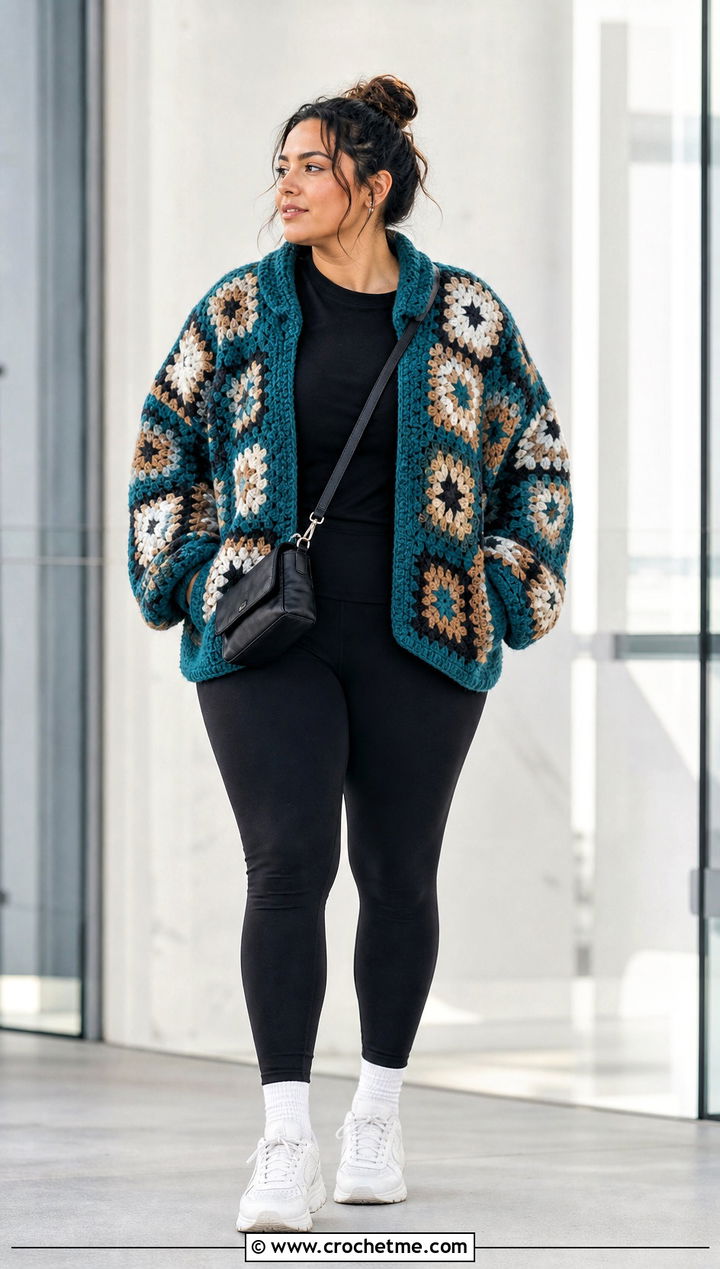 Oversized Granny Square Jacket With Leggings - 30 granny square jackets outfit ideas