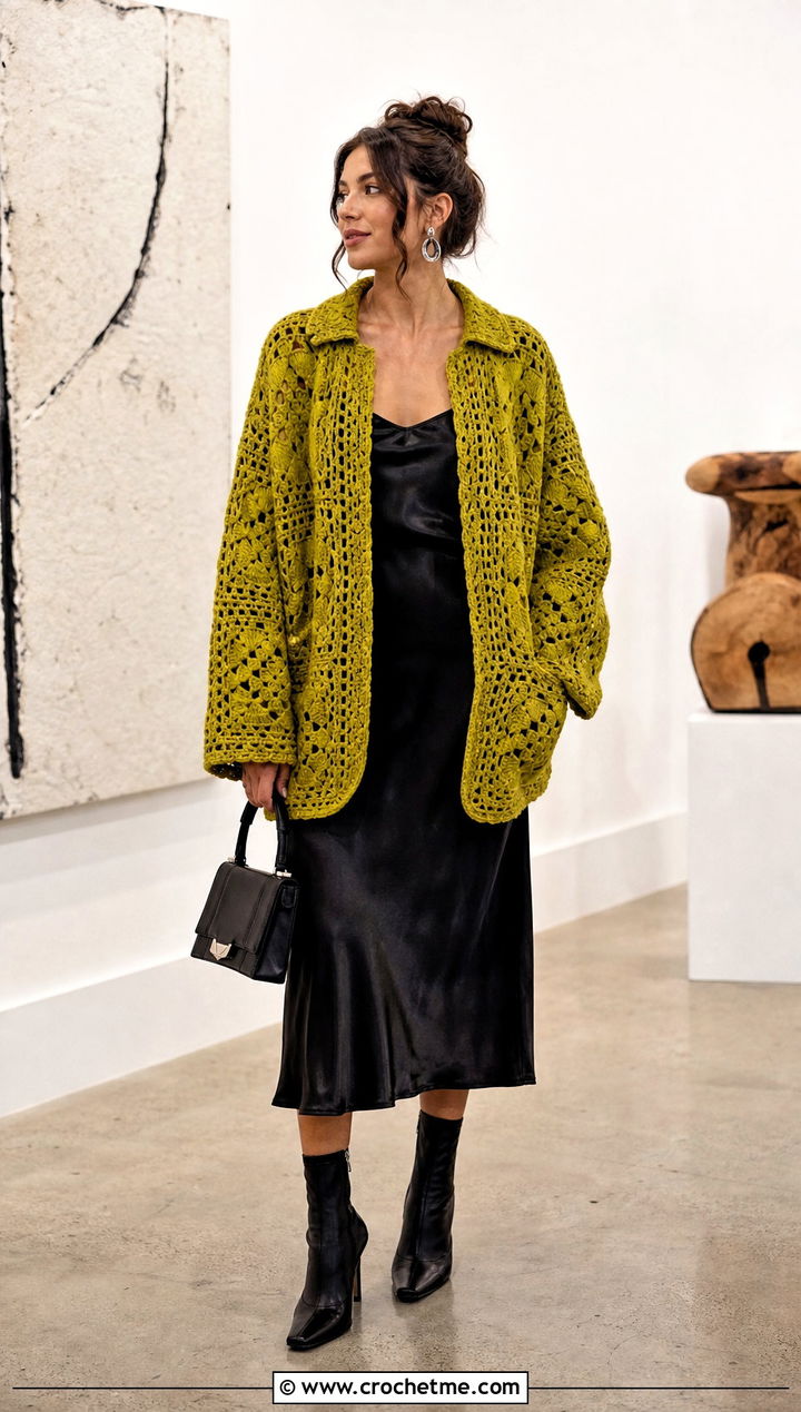 Oversized Granny Square Jacket With Slip Dress - 30 crochet granny square jacket outfit ideas