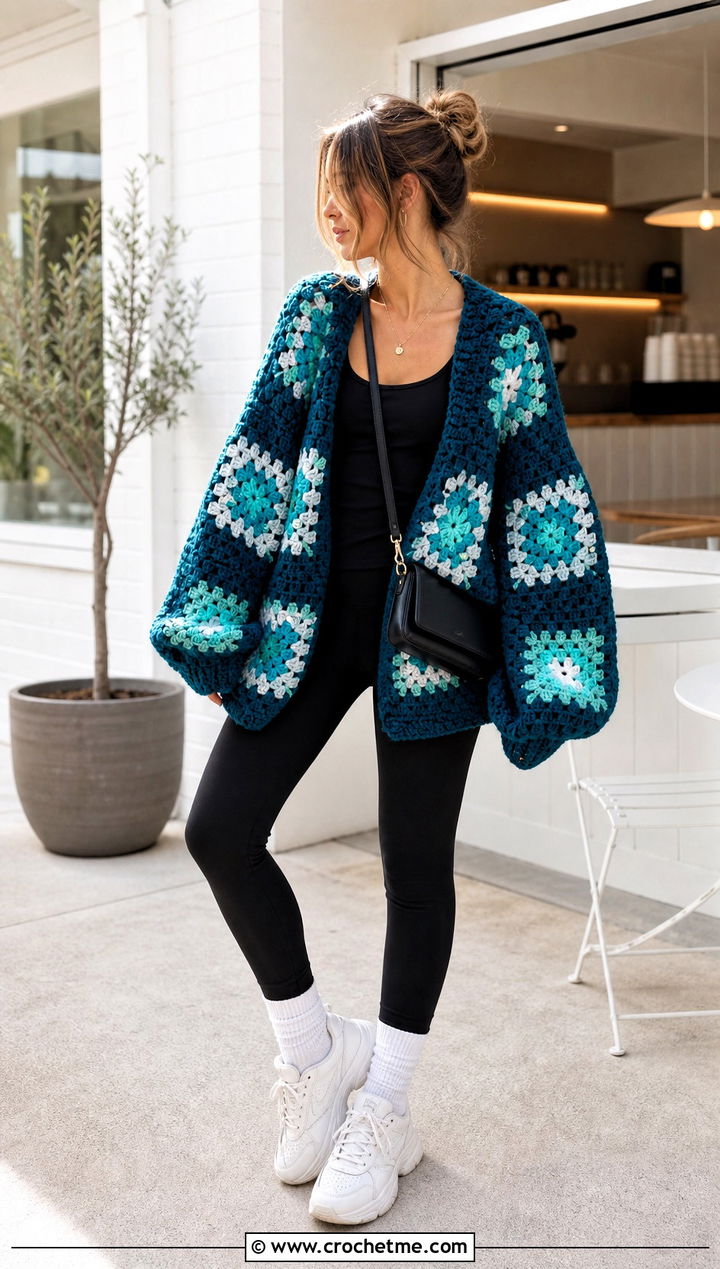 Oversized Granny Square Jumper With Black Leggings - 30 crochet square jumper outfit ideas