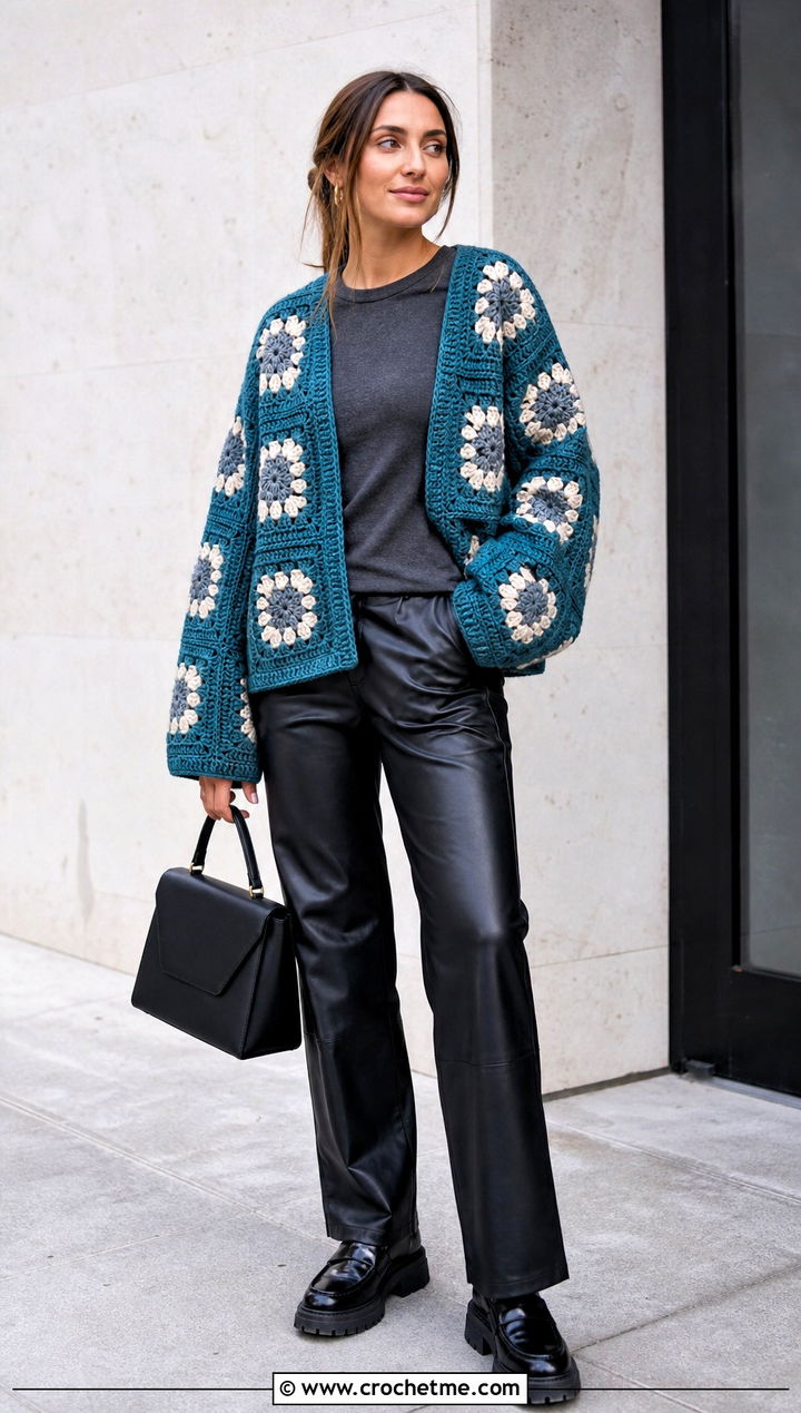 Oversized Granny Square Jumper With Leather Pants - 25 Crochet Granny Jumper outfit ideas