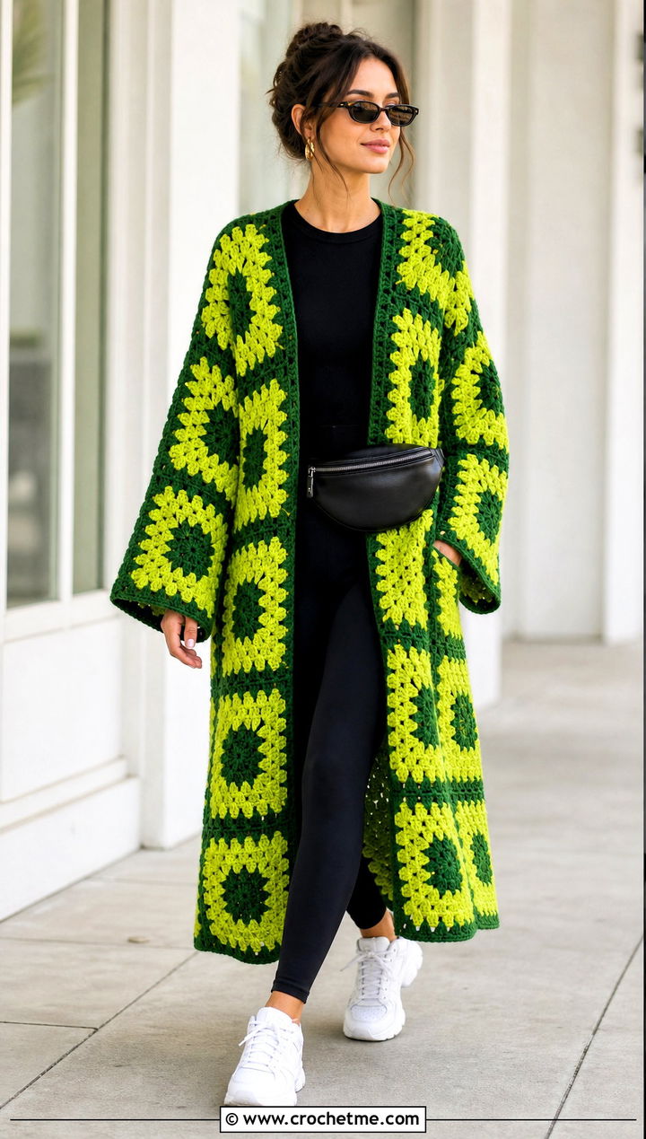 Oversized Granny Square Kimono With Leggings and Sneakers - 30 granny square kimono outfit ideas