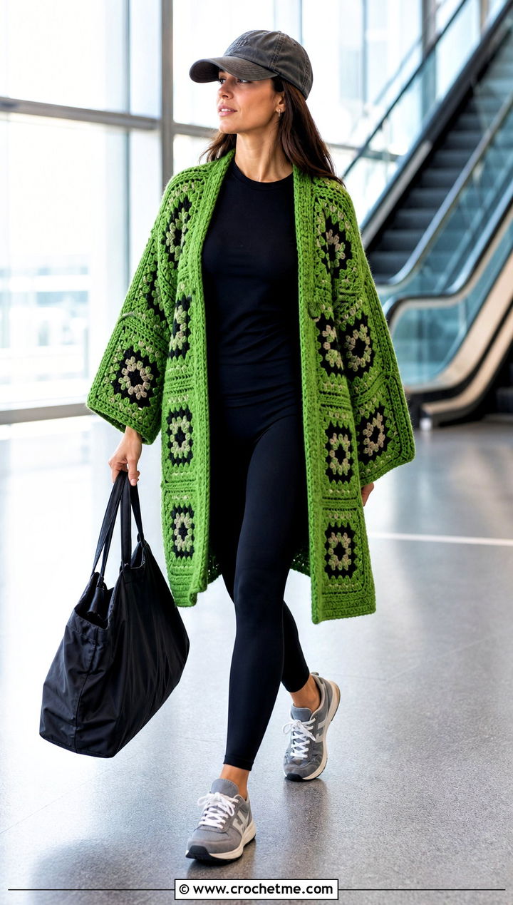 Oversized Granny Square Kimono With Leggings - 15 crochet granny square kimono outfit ideas