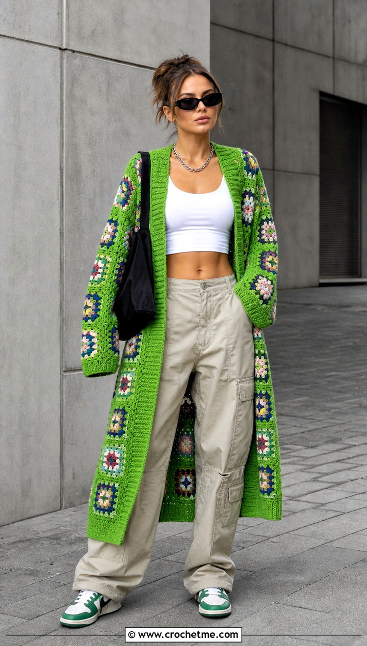 Oversized Granny Square Long Cardigan With Cargo Pants - 25 crochet granny square long cardigan outfit ideas
