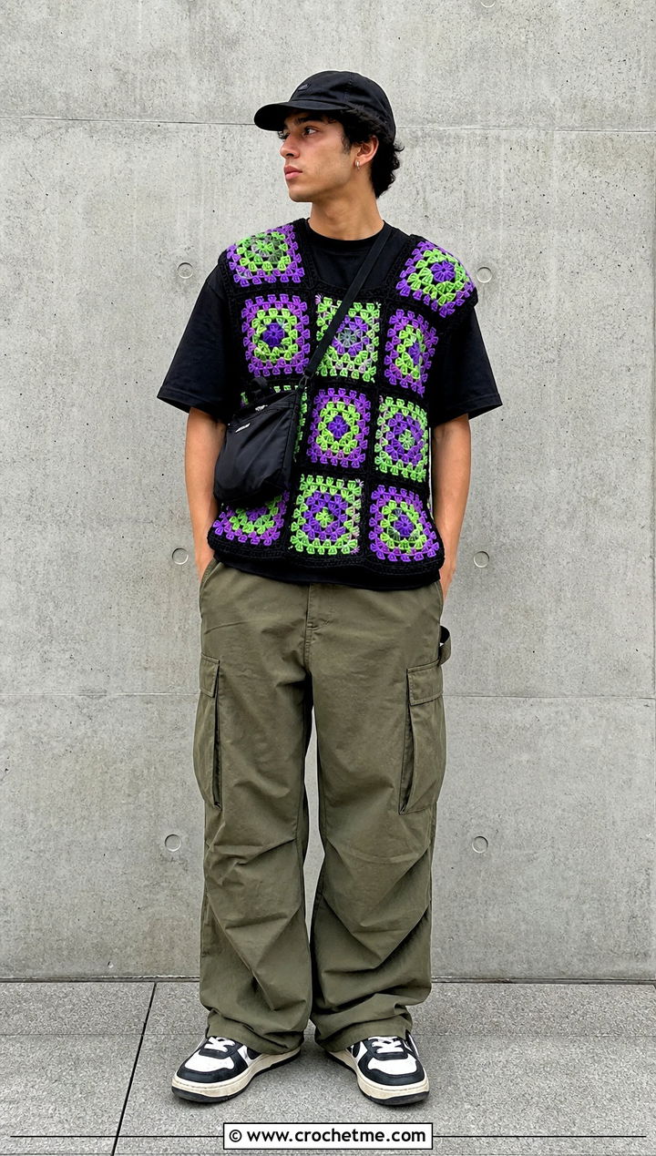 Oversized Granny Square Mens Vest With Baggy Cargo Pants - 25 crochet granny square mens vest outfit ideas