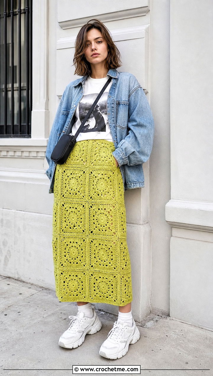 Oversized Granny Square Midi Skirt With Graphic T Shirt - 30 granny square crochet skirt outfit ideas